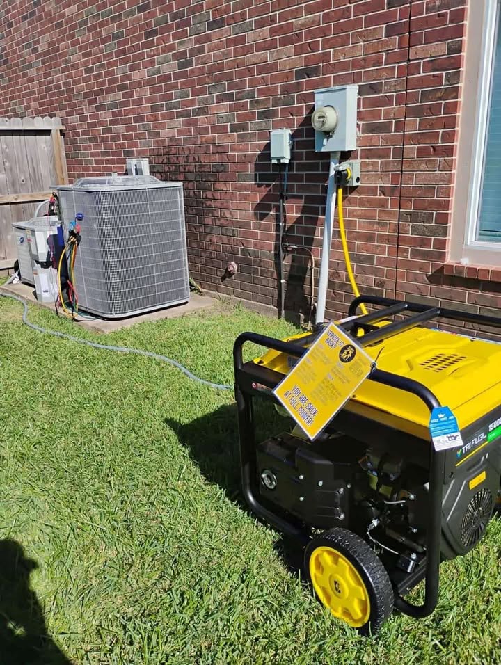 Portable generator and a yellow cord connected to a home inlet
